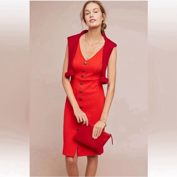 Anthropologie Maeve Quilted Red button front midi dress preppy equestrian - Picture 2 of 15